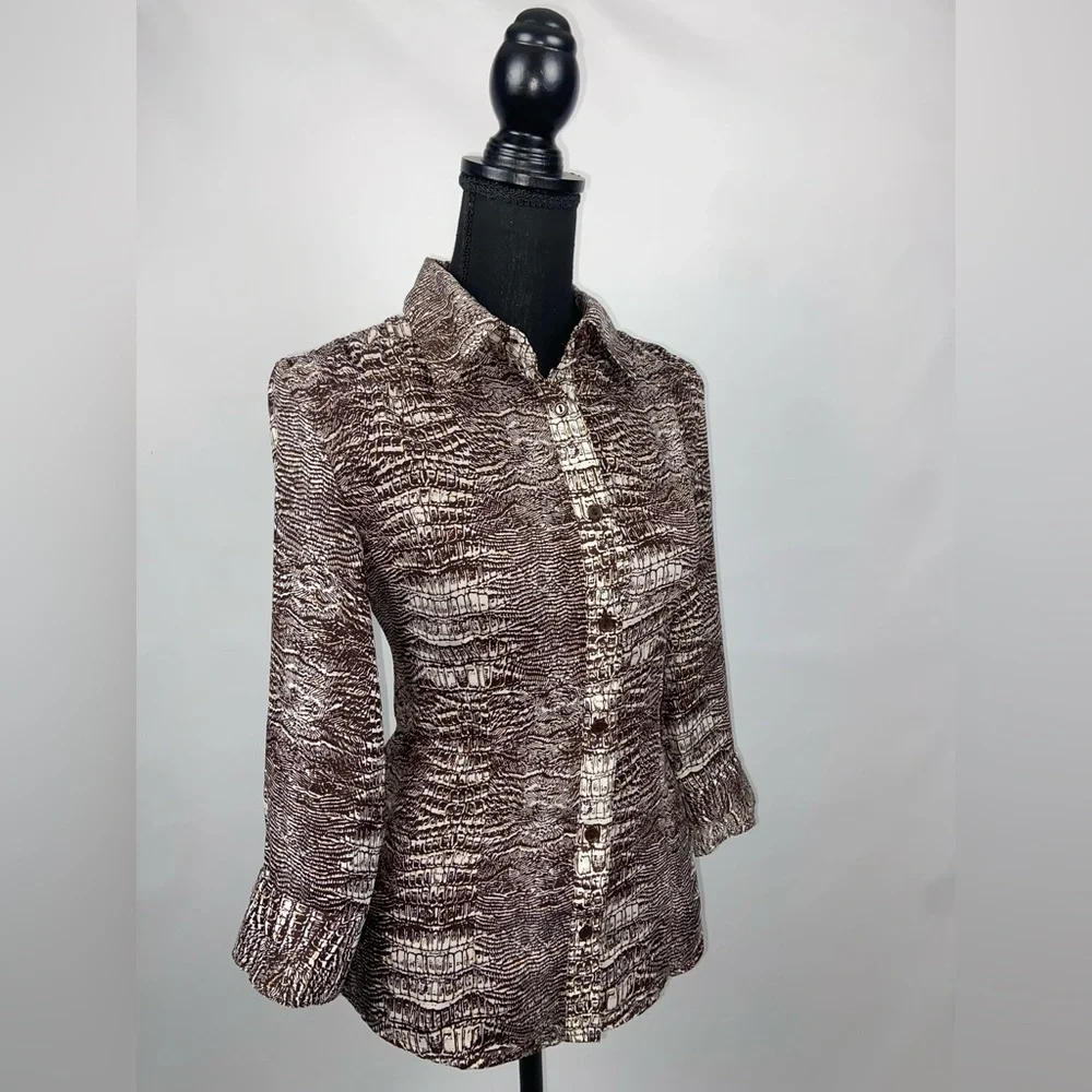 Short Sleeve Blouse Button Down Top Medium Brown Gold Metallic Sere Nade - Picture 2 of 10